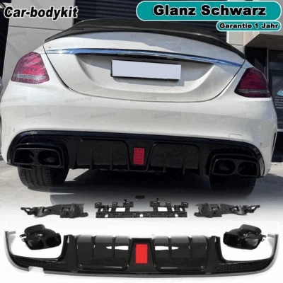 Schwarz Heckdiffusor Spoiler für Mercedes W205 2014-20 Stoßstange Auspuffblenden - Bild 1 von 4
