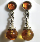 Sterling Silver and Amber Drop Earrings with Orb Shaped Amber at the Base