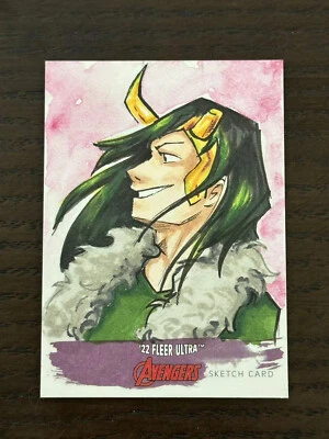 2022 Upper Deck Marvel Fleer Ultra Avengers Sketch Card Loki by Cathy Razim - Image 1 of 2