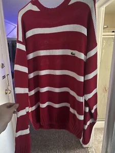 Vintage Izod Lacoste Crew Neck Tennis Sweater Chunky Knit Red Stripe White Xl - Picture 1 of 6