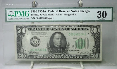 1934A $500 Federal Reserve Note Chicago Fr.2202 PMG 30 Stamp Ink #8306 - Image 1 of 2