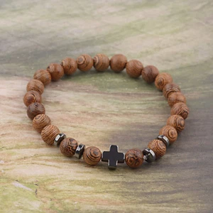 Lo último Pulseras de Madera Cruz de Hematita Pulsera Elastizada Cuentas Madera Para Hombres Mujeres - Imagen 1 de 6
