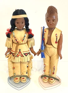 Two Vintage Native American Boy and Girl Dolls Eyes Open Close Leather Clothing - Picture 1 of 14