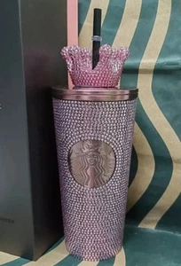 Starbucks 2025 SS Pink Rhinestone Cold Cup Tumbler+ Diamond Crown 16oz Gift - Picture 1 of 3