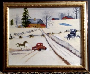 Primitive Winter Farm Gemälde Öl auf Leinwand Americana signiert & gerahmt - Bild 1 von 9
