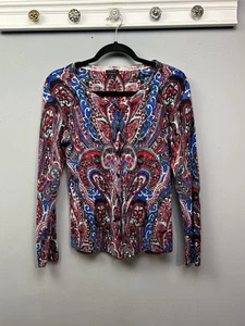 Talbots Sweater Womens Medium Red Blue Black Paisley Pure Merino Wool Button Up - Picture 1 of 7