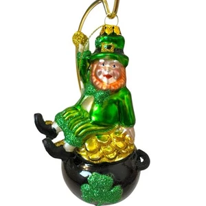 Irischer Kobold mundgeblasenes Glas Weihnachtsschmuck Topf Gold St. Patrick’s Day - Bild 1 von 5