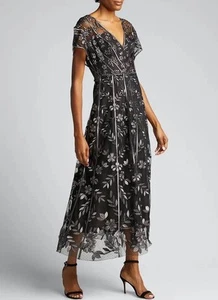 ABITO LELA ROSE SVOLAZZANTE MANICA RICAMATO VITE TULLE NERO GRIGIO TAGLIA 20 - Foto 1 di 18