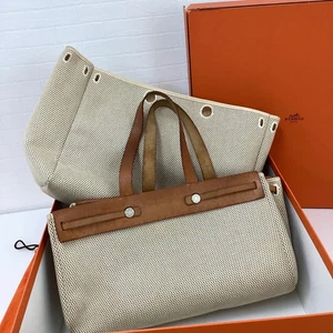 HERMES Herbag Cabas GM Canvas Leder Tasche beige waschbar mit Staubbeutel Box - Bild 1 von 12