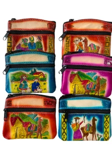 Lot (3) Peruvian Handmade Leather Coin Purse - Monedero de Cuero de Colores - Picture 1 of 3