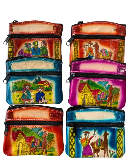 Lot (3) Peruvian Handmade Leather Coin Purse - Monedero de Cuero de Colores - Image 1 of 3