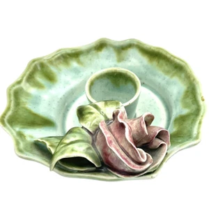 Flower Rose Candlestick Holder Ceramic Green & Pink Fairy Garden Cottage Core - Picture 1 of 6