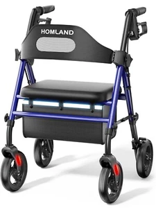 Foldable Rollator Walkers with Seat for Seniors, 8'' Big Wheels,Lightweight,Blue - Picture 1 of 8