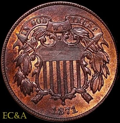 1871 TWO CENT PIECE R/B VERY NEAR GEM LOTS OF RED!  LOW MINTAGE YEAR (2C064) - Image 1 of 2