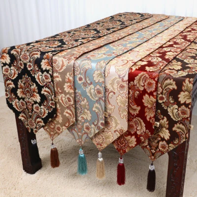 Retro Jacquard Table Runner Elegant Floral Tassels Dining Room Dresser Home - Image 1 of 4