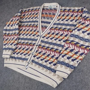 VTG Van Heusen Sweater Mens Large Medium Tan Blue Cardigan 417 Cosby Biggie 90s - Picture 1 of 11