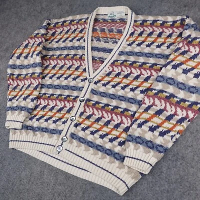 VTG Van Heusen Sweater Mens Large Medium Tan Blue Cardigan 417 Cosby Biggie 90s - Image 1 of 4