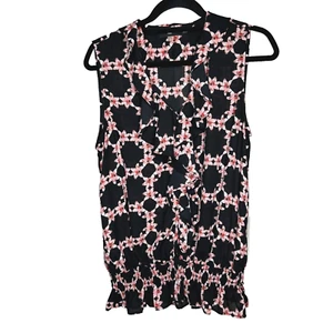 Karl Lagerfeld Sleeveless Top Black with Pink Floral Print Ruffle Size L - Picture 1 of 8