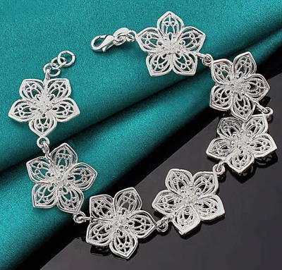 Brazalete de plata de ley .925 con cadena de eslabones de flores enchapados en rodio 8 broches langosta Foto 1 de 3