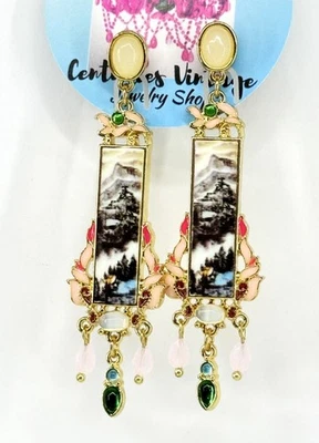 Pendientes colgantes de estrás de vidrio esmaltado renacimiento asiático rosa verde arte escénico Foto 1 de 4