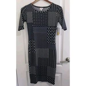 LuLaRoe Julia Kleid Damen Größe XXS schwarz mit hellbraunem geometrischem Patchworkmuster neu mit Etikett - Bild 1 von 11