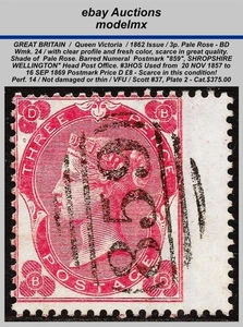 Great Britain- QV 1862, Sc.37 - SG76, 3p Pl Rose Plate 2, (BD), VFU, Cat.$375.00 - Picture 1 of 2