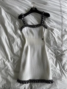CHANEL WHITE COTTON 2014 CHAIN EMBELLISHED KNIT DRESS - Picture 1 of 8