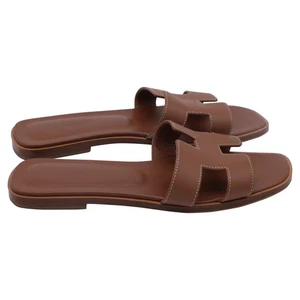 Sandalias planas sin cordones Hermès Oran en cuero de becerro para mujer marrón talla 38 - Imagen 1 de 13