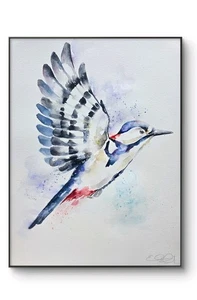 Original Aquarell Gemälde signiert von Elle Smith Kunst eines Spechtvogels, Neu - Bild 1 von 9