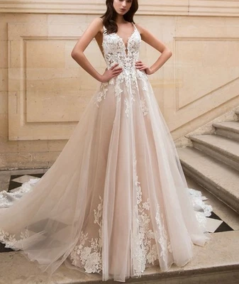 Plunge V-neckline Lace Wedding Dress Bridal Gown Custom made 2-28W Chapel Train - Image 1 of 4