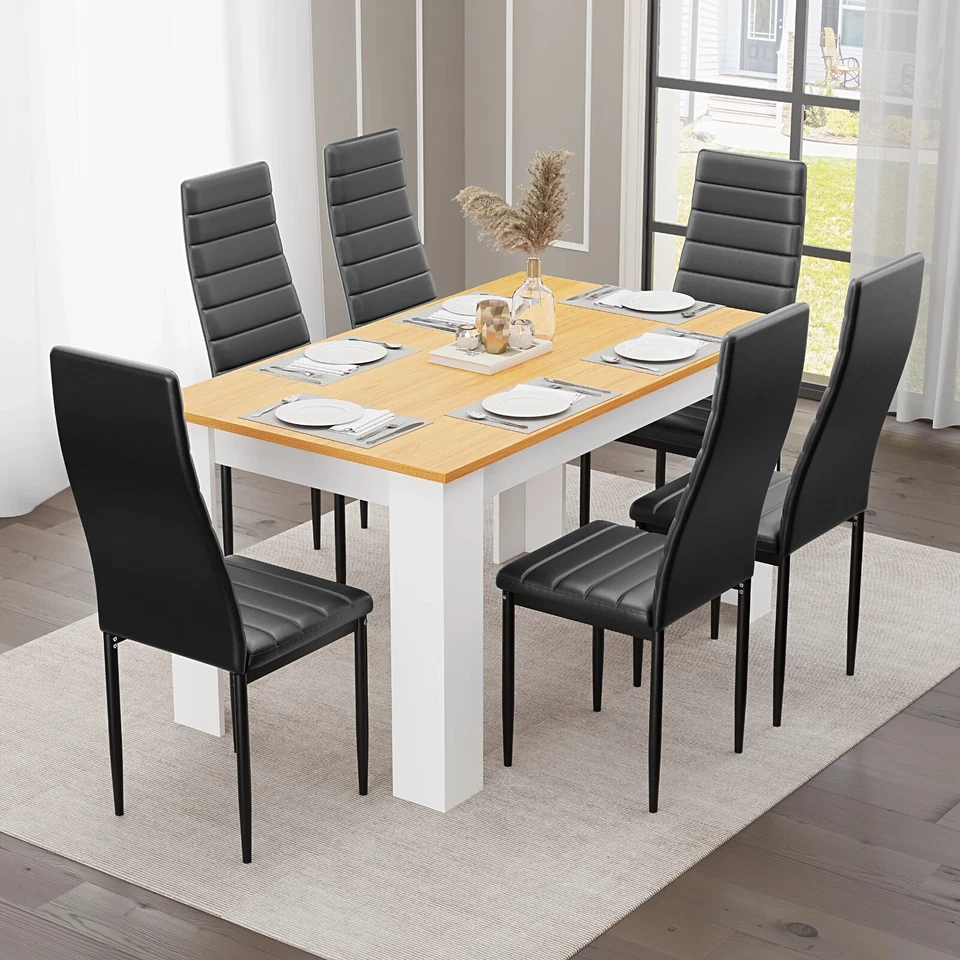 Wooden Dining Table Set With 4 / 6 Pu Leather Chairs Seat Kitchen Room Furniture - Image 1 of 1