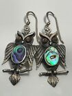 Vintage Sterling Silver '925' And Abalone Owl Bird Dangly Earrings 8.14G Boho