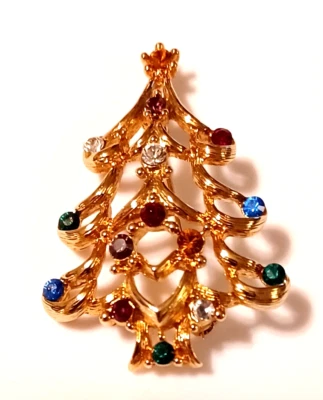 Broche prendedor árbol de Navidad Monet vintage diamantes de imitación cristal multicolor tono dorado Foto 1 de 3