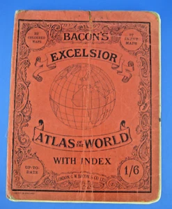 Cubierta de cartón roja Bacons Excelsior Atlas of World 1943 32 mapas de colores de colección - Imagen 1 de 4