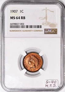 1907 Indian Head Cent NGC MS-64 RB; S-40, M.P.D. - Picture 1 of 5