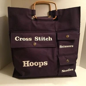 ADICO CANVAS TOTE W/ WOOD HANDLES! FOR CROSS STITCH HOOP SCISSORS NEEDLES - Picture 1 of 11