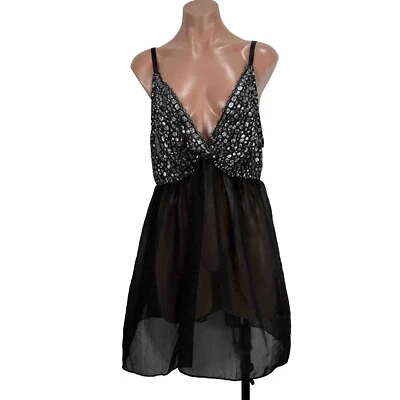 Camisón corto Cacique Negligee Babydoll para mujer negro plateado de encaje transparente 18/20 Foto 1 de 4