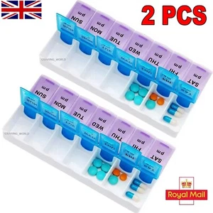 2x 7 DAY WEEKLY PILL ORGANISER Box Day & Night Tablet AM PM Medication Dispenser - Picture 1 of 12