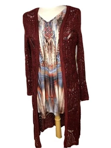NWT One World 2 Piece Set Burgundy Open Long Crochet Cardigan & Boho Top Sz XS - Picture 1 of 11