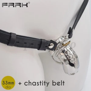 Strap-on Chastity Cage with PU Belt Metal Male Rings Steel Lock Chastity Device - Picture 1 of 18