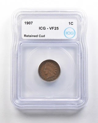 1907 Indian Head Cent Mint Error Retained Cud VF25 ICG *1623 - Image 1 of 3