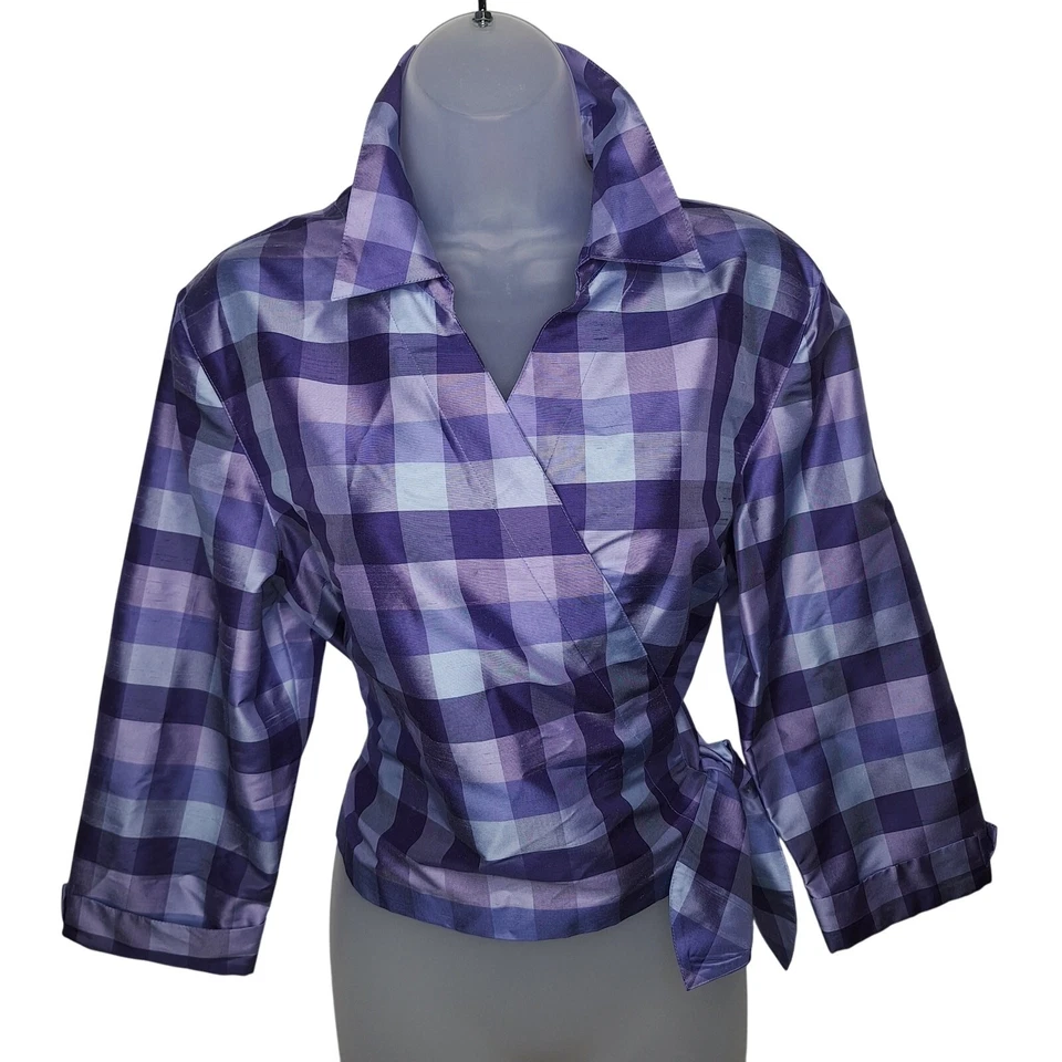 Vintage Y2K Silk Taffeta Wrap Top Plaid Check Retro Cropped 12 Collared Style Co - Image 1 of 4