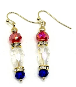Patriotic Red, White & Blue Glass & Rhinestone Dangle Drop Earrings USA Olympics - Picture 1 of 5