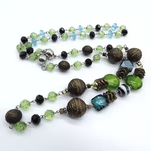 Green Glass Beaded Necklace 17"or24"or41" Ornate Bronze  Wear This Multiple Ways - Picture 1 of 18