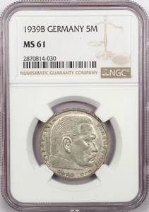 1939 B Germany Third Reich Silver 5 Mark, NGC MS61, Uncirculated BU - Picture 1 of 2
