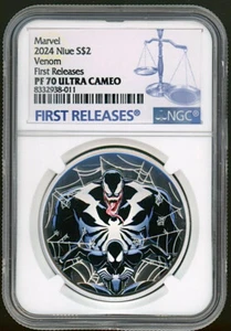 Moneta prova 2024 Niue Marvel Comics Venom 1 oz NGC 70 FR argento colorata - Foto 1 di 6