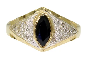 Marquise Sapphire & 0.18ct Diamond Cluster 9ct Yellow Gold ring size P ~ 7 3/4 - Picture 1 of 9
