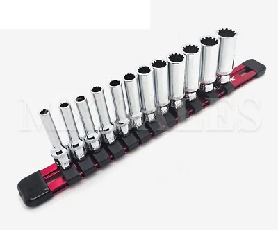 12-Pc 1/4" Drive SAE/MM Universal Deep Spline Socket Set w/ Aluminum Holder - Image 1 of 3