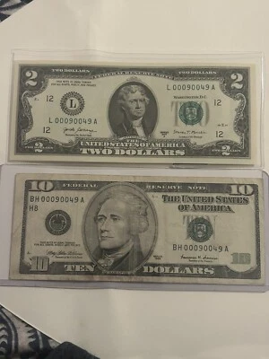 00090049  2017 $2 and 1999 $10 Matching Dollar Bill Fancy Serial Number - Image 1 of 2