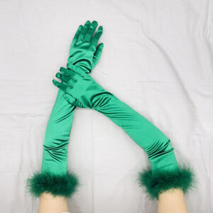 55cm Silk Satin Gloves Velvet Cuffs Feathers Full Finger Gloves Party Cosplay
